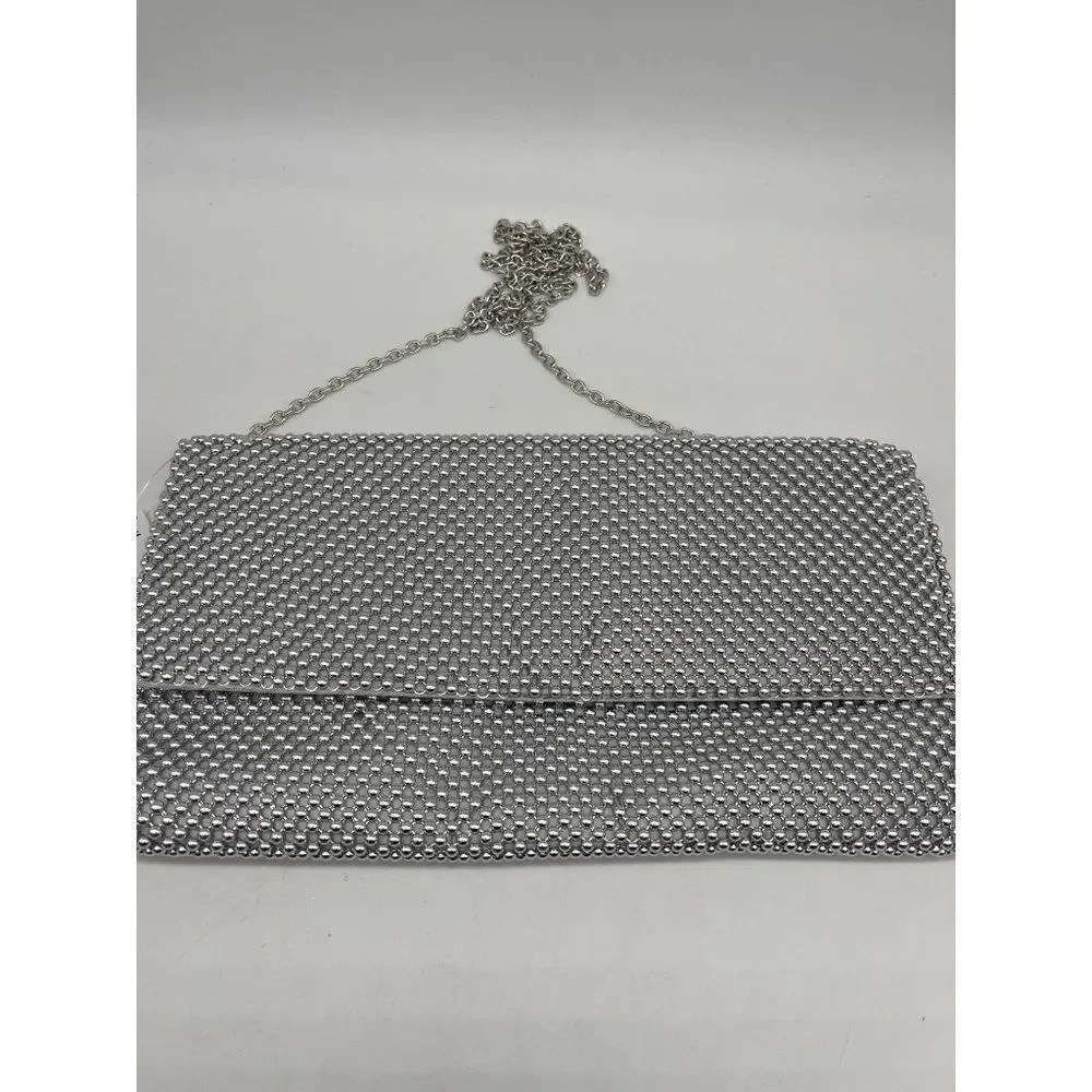 Mundi Large Silver Ball Mesh Flap Clutch with Silver Chain NWT